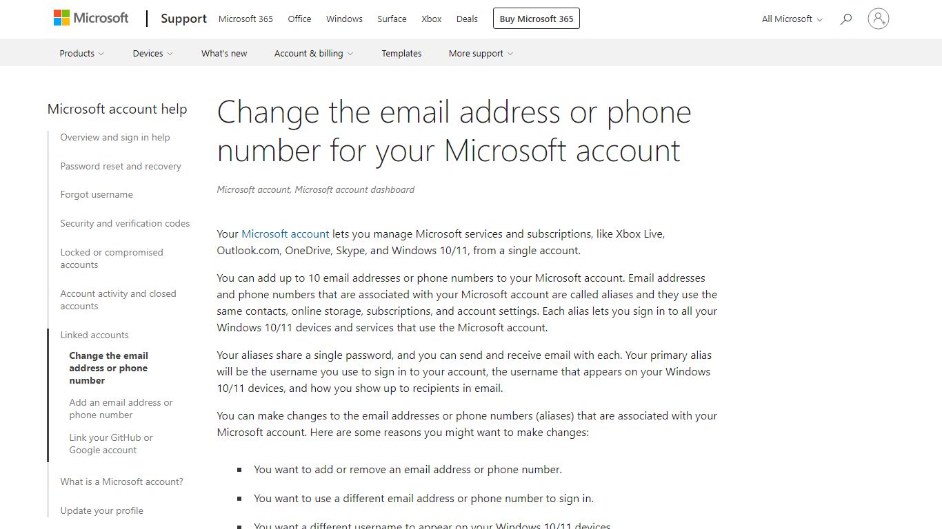 Change the email address or phone number for your Microsoft account